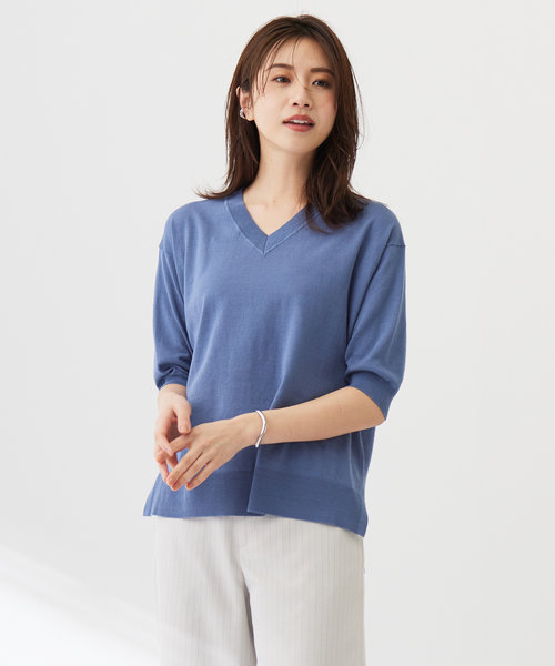 【洗える】COTTON LINEN Vネック ニット