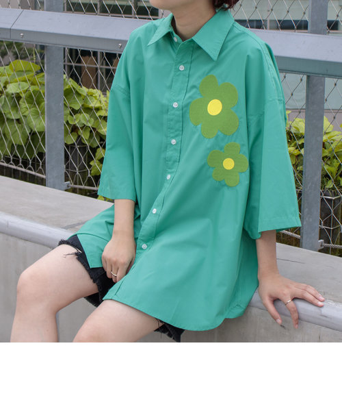【FREDYMAC/フレディマック】ワンポイント レトロフラワー刺繍 レギュラーカラーシャツ 花柄