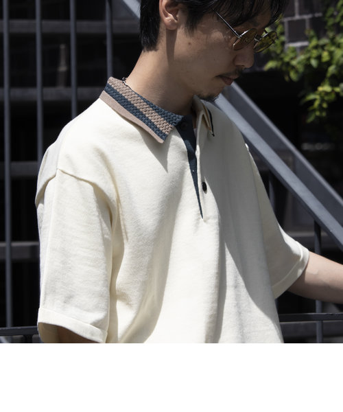 GLOSTER/グロスター】ニットポロシャツ 襟切り替え 異素材配色