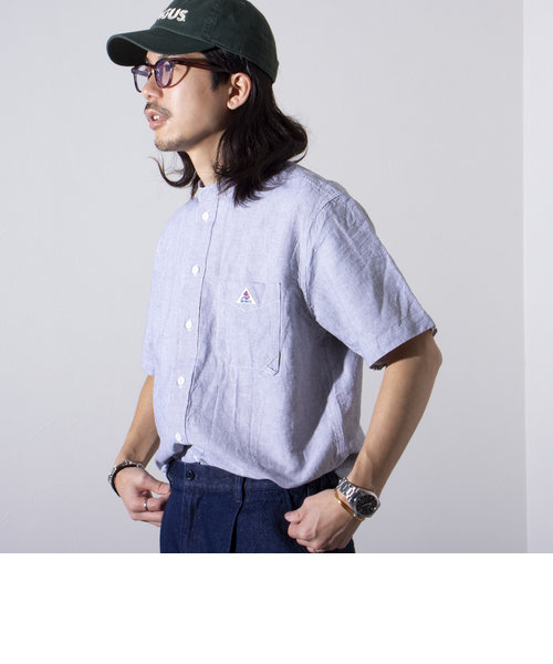 【GEVACO/ゲバコ】コットンリネン バンドカラー半袖シャツ ワンポイントロゴ ストライプ