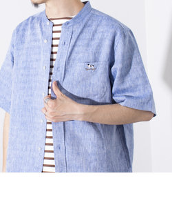 【GLOSTER/グロスター】フレンチブルドッグ刺繍 リネン 半袖シャツ バンドカラー