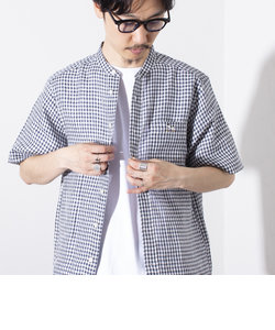 【GLOSTER/グロスター】フレンチブルドッグ刺繍 リネン 半袖シャツ バンドカラー