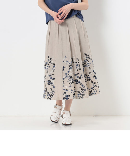 〔 TALLサイズ 〕 リネンフラワー 刺繍ハギプリーツスカート