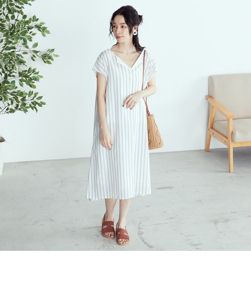 コットンリネン ストライプ キーネック フレンチスリーブ ワンピース アッパッパ Comme Ca Ism コムサイズム の通販 Mall