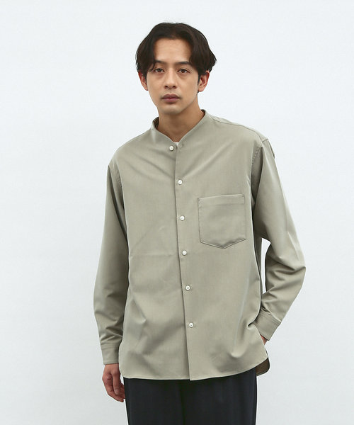 【変形襟】シャンブレーツイル カラーレス シャツ / バンドカラーシャツ