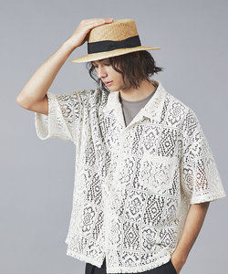 【Revo.】透かし編みニットオープンカラー半端袖シャツ
