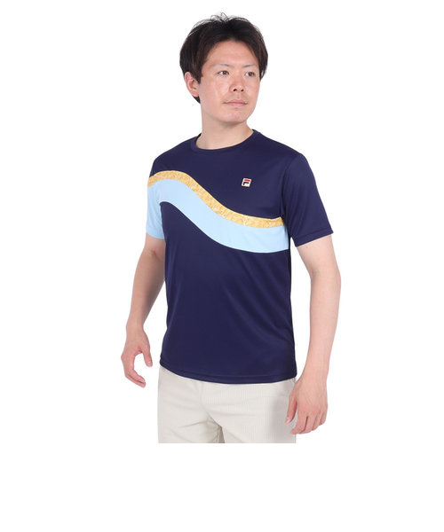 フィラ（FILA）テニスウェア ゲームシャツ 波間プリント バックホールメッシュ クルーネックTシャツ VM5682-20 速乾