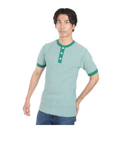 ヘルスニット（Healthknit）ベーシックワッフル ヘンリーネック 半袖Tシャツ ボーダー 601S GRN/OFF