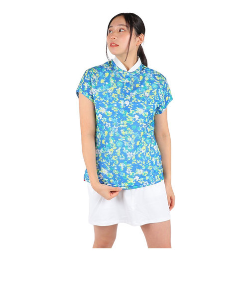 クランク（CLUNK）ゴルフウェア 花柄スタンドカラー半袖ポロシャツ CL5PUG14 BLU