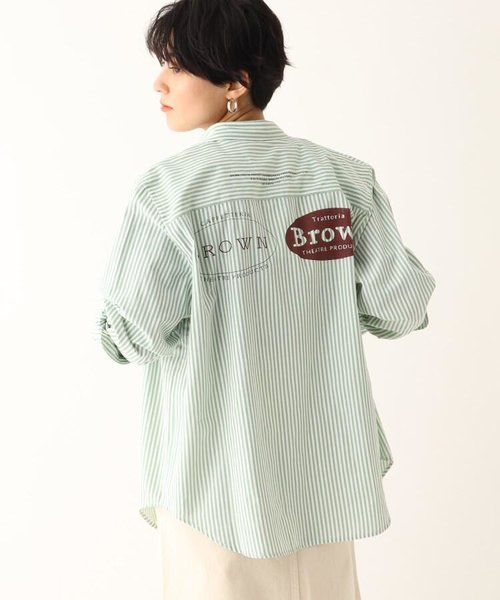 THEATRE PRODUCTS 別注 ブラウンロゴプリントストライプシャツ
