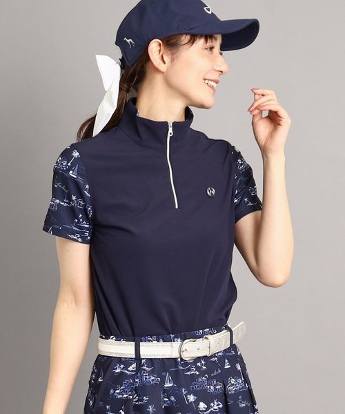 【UVカット／防透け】リゾートゴルフデザイン ハーフジップ半袖プルオーバー