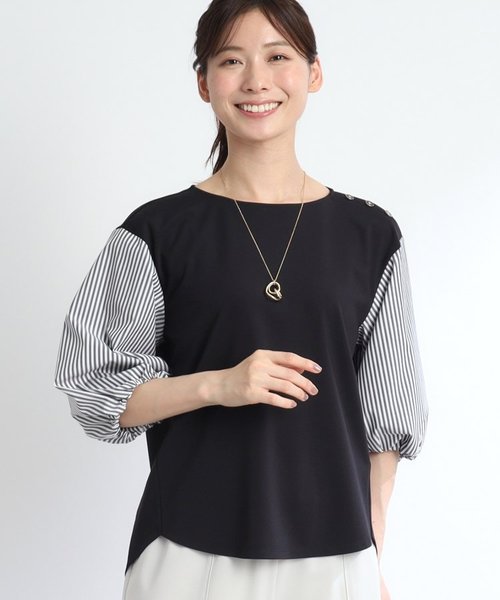 【夏SALE／人気商品の夏バージョン！UVカット／接触冷感／洗える】ストライプスリーブカットソー