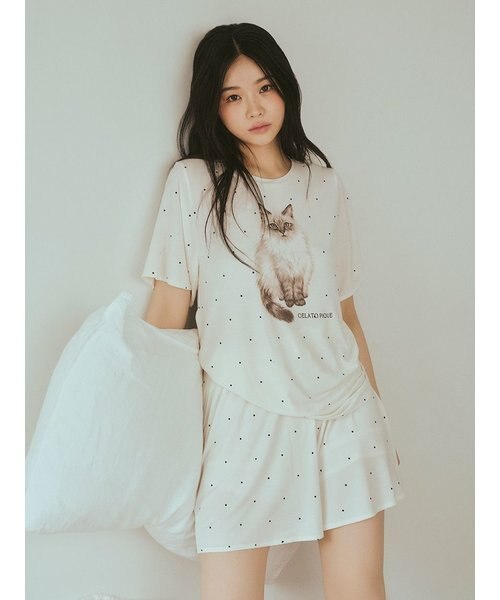 ジェラートピケ catドット柄ワンポイントTシャツ＆ドット柄ロング 