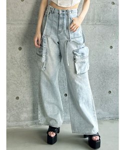 ハイウエストサスペンダー付きカーゴワイドデニムパンツ