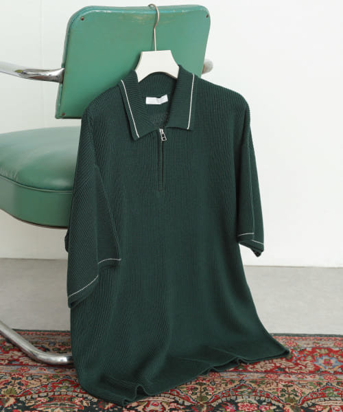 『ユニセックス』『洗濯可』ハーフZIPラインニットポロシャツ(5分袖)