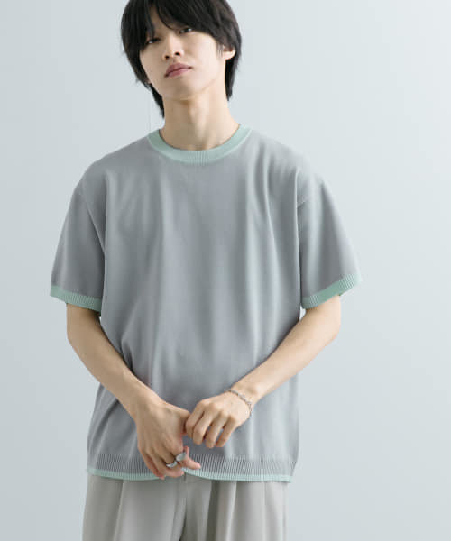 『洗濯可』リブハイショクラインニットTシャツ(5分袖)