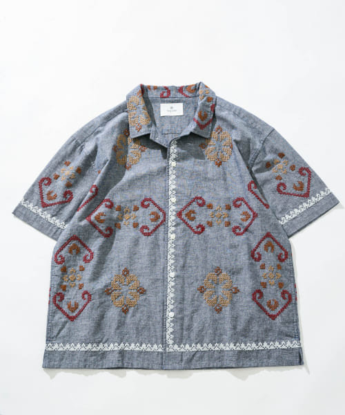 インド刺繍シャンブレー半袖シャツ
