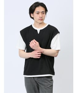 さまになる フェイクレイヤード キーネック半袖Tシャツ