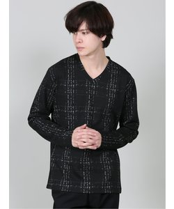 セマンティックデザイン ふくれジャガード かすれチェック Vネック長袖Tシャツ