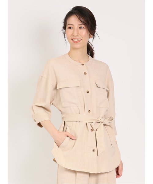 リネン風シャンブレー 7分袖シャツジャケット(セットアップ可能