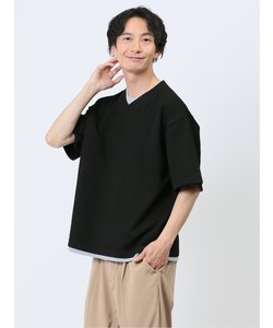 千鳥ジャガード フェイクVネック半袖Tシャツ