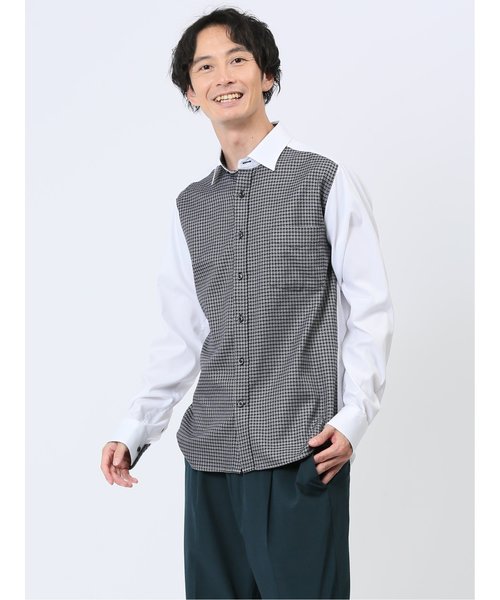 綿オックス×異素材切替 ショートワイドカラー長袖シャツ