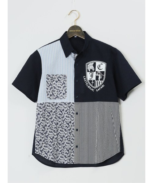 【大きいサイズ】カステルバジャック/CASTELBAJAC 綿ローン 異素材切替 半袖シャツ