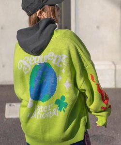 【SEQUENZ】WORLD PEACE CARDIGAN / 胸刺繍 ヒッピー ジャガード ニット カーディガン