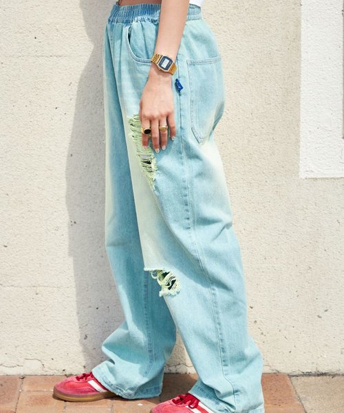 【SEQUENZ】 WASHED LIGHT SLUB DENIM EASY PANTS / デニム 刺繍 オーバーダイ フェード ワイド　ダメージ