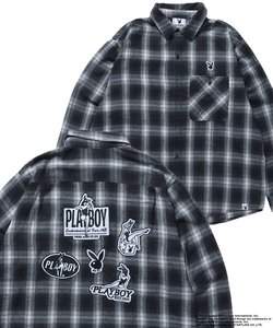 【SEQUENZ（シークエンズ）】PB BUNNY PATCHES OMBRE L/S SHIRT / プレイボーイ 長袖シャツ ビックシルエット チェック