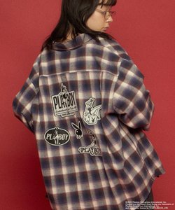 【SEQUENZ（シークエンズ）】PB BUNNY PATCHES OMBRE L/S SHIRT / プレイボーイ 長袖シャツ ビックシルエット チェック