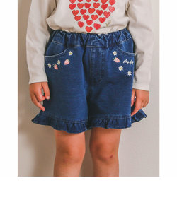 裾 バック フリル イチゴ 花 刺繍 デニムニット ショートパンツ (90~130cm)