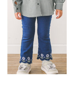 裾 スカラップ 花 刺繍 ストレッチ デニム パンツ (90~130cm)