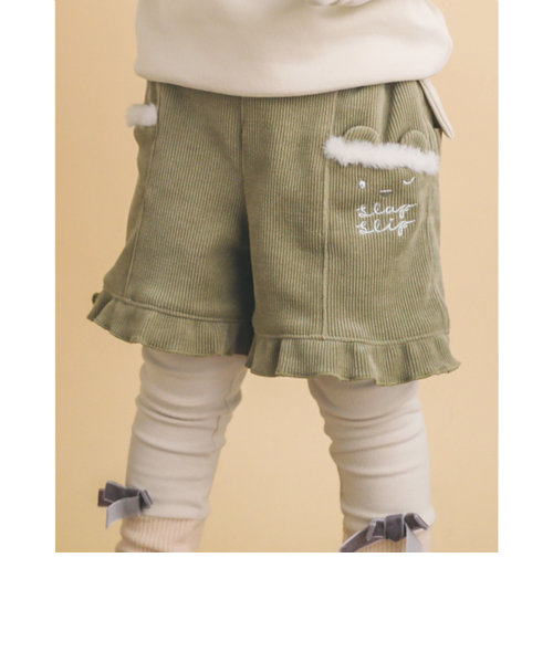うさぎ くま アニマル 刺繍 ファー 裾 フリル ウエスト リボン ショートパンツ (90~130cm)