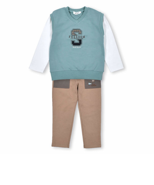 ワッペン 付 ベスト レイヤード 風 長袖 Tシャツ + ポケット 配色 パンツ セット (80~130cm)