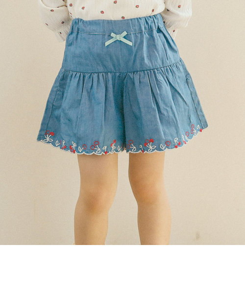 スカラップ裾チェリー刺繍デニムショートパンツ(90~130cm)