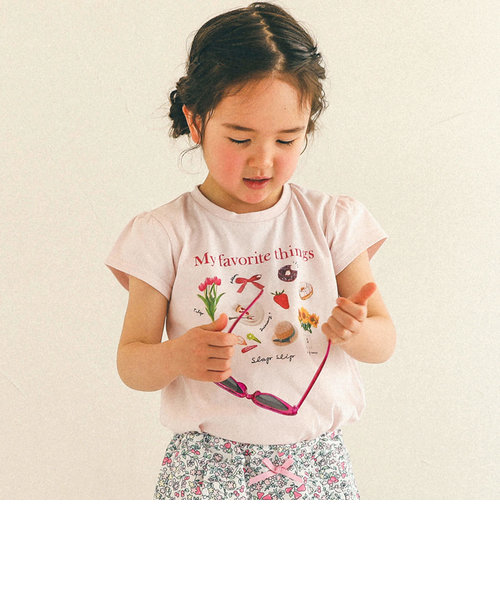 【防汚】ぬいぐるみ花女の子大好きアイテム写真プリント半袖Tシャツ(80~130cm)