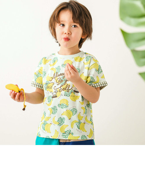 【お揃い】フルーツ総柄柄ナレ袖チェック半袖Tシャツ(80~130cm)