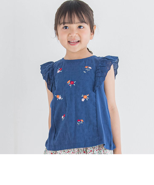 レース切替フラワー刺繍フリル袖Tシャツ(90~150cm)