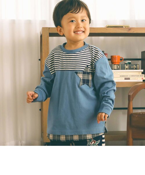 お揃い】チェック柄星ポケット付ボーダー切替長袖Tシャツ(80~130cm 