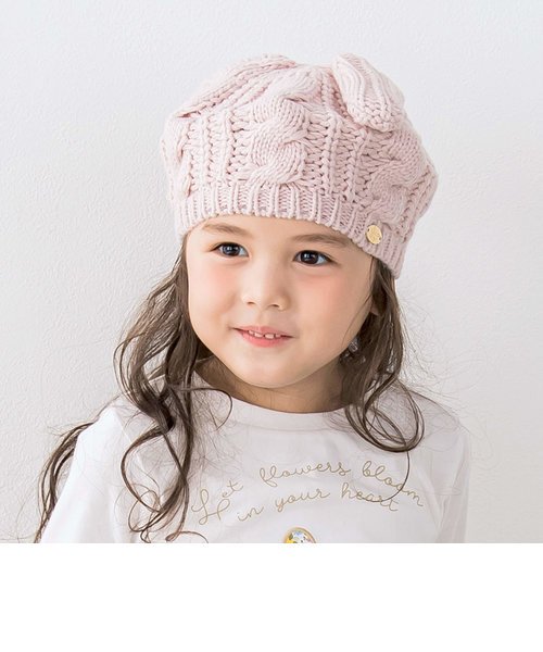 ウサミミネコミミケーブル編みニットベレー帽(48~55cm)