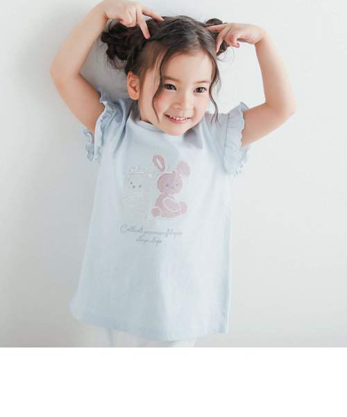 ネコウサギパッチ刺しゅうフリル袖Tシャツ(80~130cm)