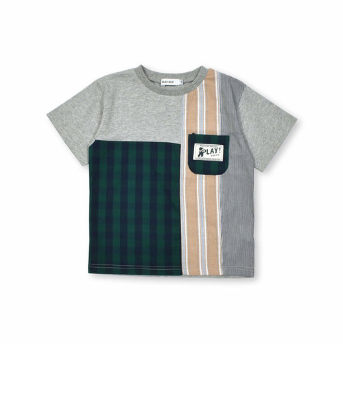 【お揃い】チェックストライプ切り替え半袖Tシャツ(80~130cm)