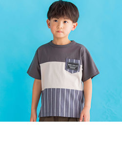 天竺配色＋ストライプ切り替えTシャツ(95~150cm)