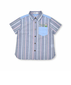 【お揃い】無地ストライプ柄胸ポケット付き半袖シャツ(80~130cm)