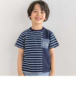 無地×ボーダー切り替えダンガリーポケット半袖Tシャツ(80~160cm)