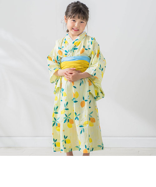 【お揃い】花火レモン花柄襟レース浴衣+帯セット(90~140cm)