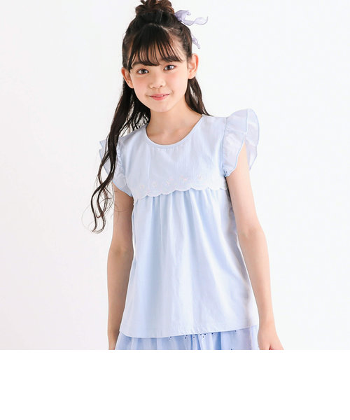 【お揃い】切り替えスカラップ刺しゅう袖フリルTシャツ(80~140cm)