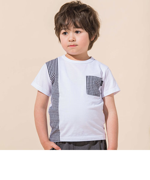 ギンガムチェックアシメ切り替えポケット半袖Tシャツ(90~150cm)