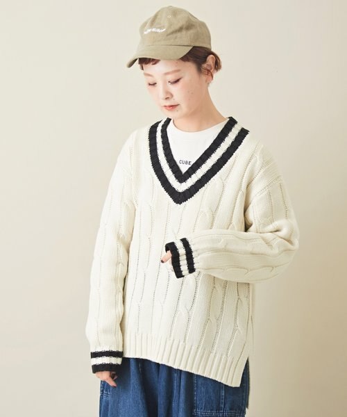 無地 ケーブル チルデン Vネック プルオーバー ニット Cube Sugar キューブシュガー の通販 Mall